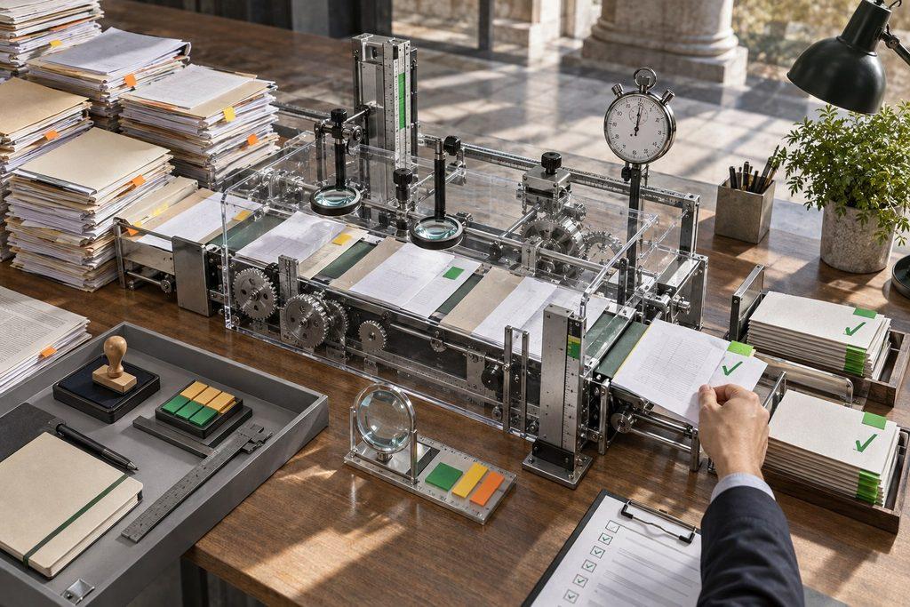 Expedientes administrativos atravesando un banco de pruebas con instrumentos de medición y validación humana.